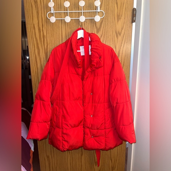 Red puffer jacket with a belt, snaps, and a high collar. The jacket is quilted. - Picture 4 of 4